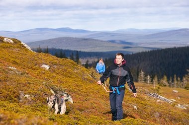 [Translate to Schwedisch:] Mann wandert mit einem Husky 